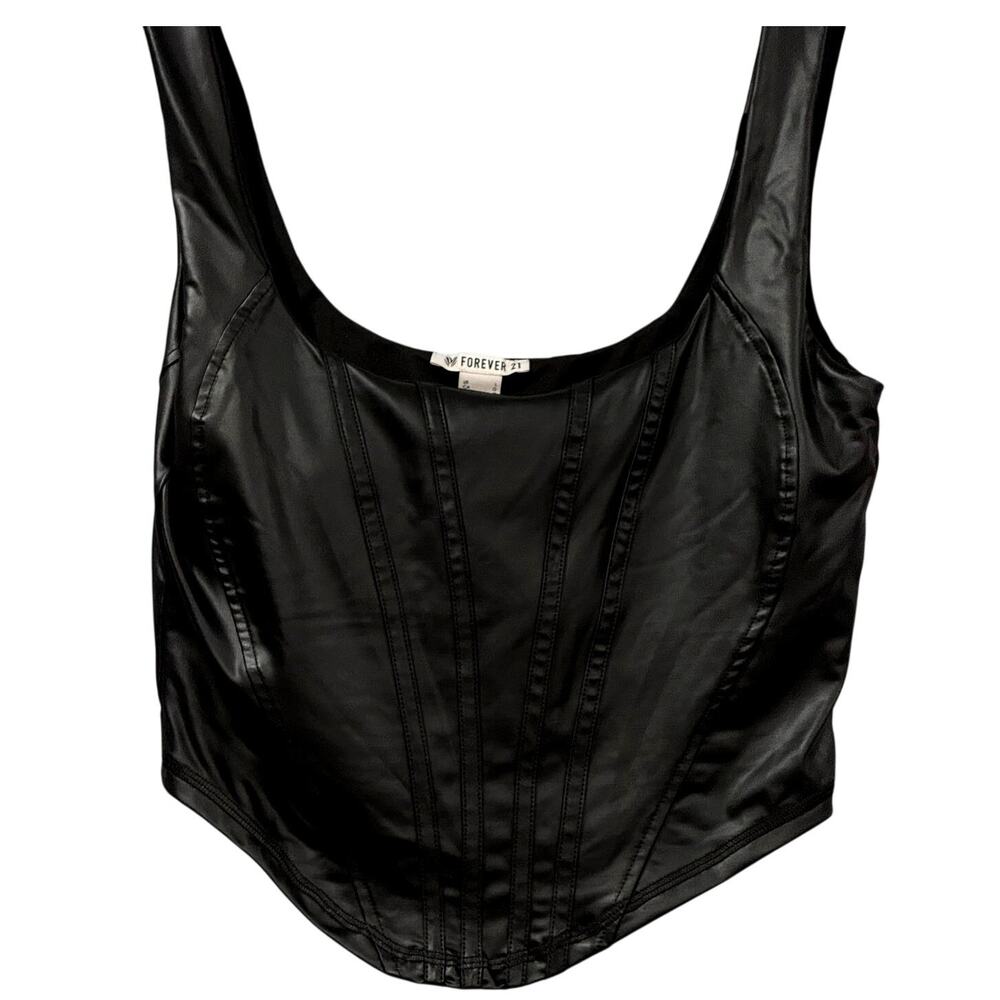 Y2K Forever 21 Faux Leather Corset Top Large Black Biker Goth Clubwear Crop Tank - Picture 2 of 8